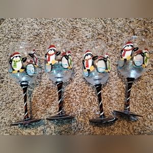 Pier1 Imports Handpainted Christmas Penguin Wine Glasses, Set of 4